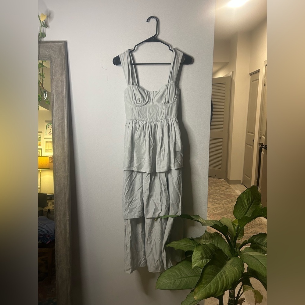 WeWoreWhat Corset Maxi Dress Mist Gray Rayon Poplin Size 2 NWT Revolve